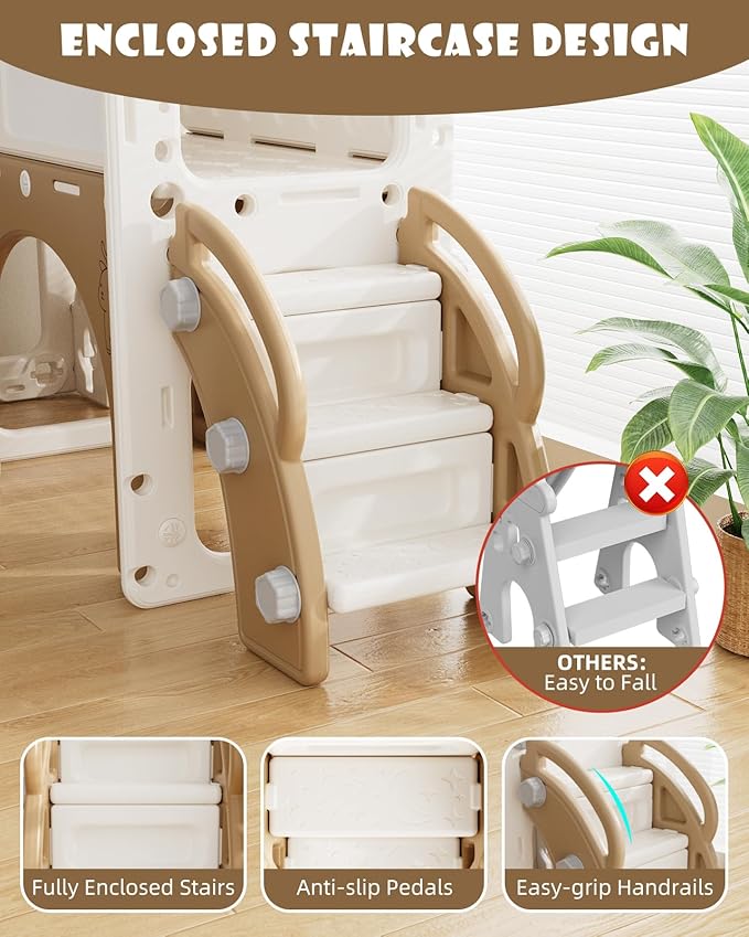 YUFU 13 in 1 Kids Slide for Toddlers, Toddler Slide Playset with Golf, Drawing Board, Climber, Basketball Hoop and Storage Space, Indoor Outdoor Toddler Playground for Kids Age 1-3 (Brown)