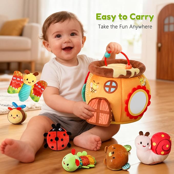 Baby Toys 6-12 Months, Surprise Honey Pot with Sensory Stuffed Animals, Rattle, Crinkle, Mirror, Montessori Toys for Baby Toys 1 Year Old, Infant Toys Christmas Gifts Stocking Stuffers Birthday