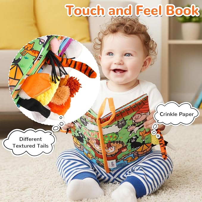 HECCEI Baby Cloth Books Soft Baby Book 0-6 Months Crinkle Books with Tail Touch and Feel Sensory Toys for Infant Tummy Time for 3 Months+, Farm Tails