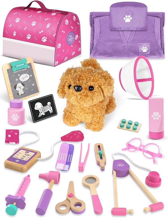 Lehoo Castle Toys for 3 4 Years Old Girls, Vet Play Sets, Wooden Doctor Kit for Toddlers 3-5 Pink, Pretend Play Dr Kits with Puppy, Dog Bag, Medical Accessories