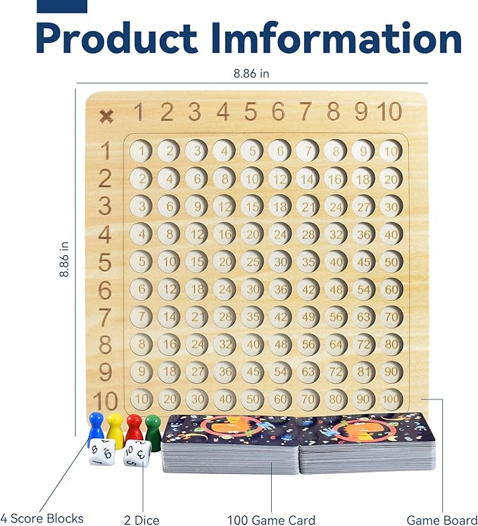 BAKAM Wooden Multiplication Board Math Game for Kids 8-12, Math Manipulatives Set with 100PCS Flash Cards for Kids 6-8 Years Old, Montessori Counting Toy Preschool Learning