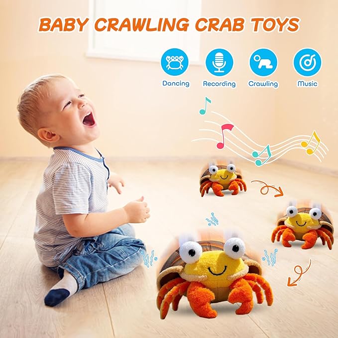 Baby Crawling Toys 12-18 Months - Musical Crawling Crab Plush Toy with 40+ Songs, Recording Features - Dancing Walking Moving Bouncing Learning Toy for 1 Year Old Boy Girl Babies Toddlers