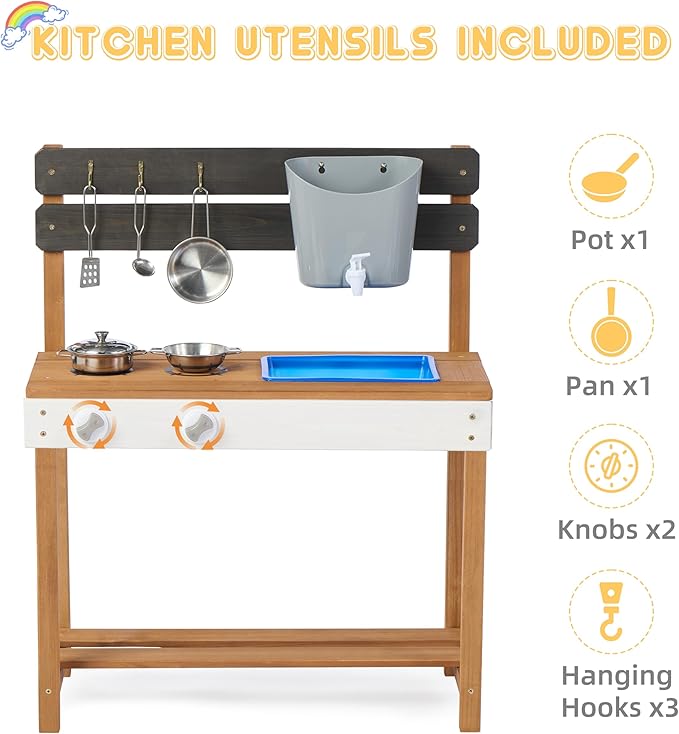 Kid's Wooden Play Kitchen, Outdoor Mud Kitchen with Water Play Set and Cooking Toys, Backyard Play for 3+ Years Kid