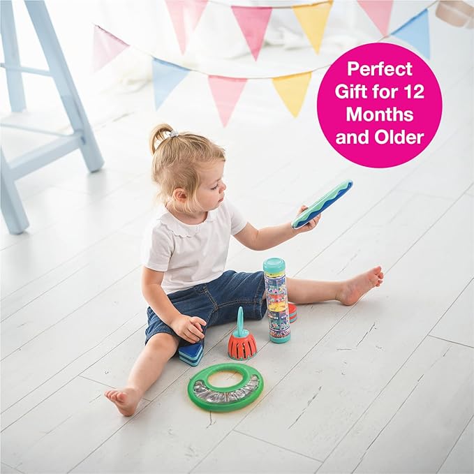 Edushape Classic Tambourine for Kids, Green - Percussion Musical Instrument Baby Tambourine for Toddlers 1-3, Kids Tambourine Fun Tummy Time, Fine Motor, Auditory and Visual Sensory Development