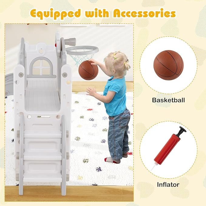 Costzon 9 in 1 Toddler Slide, Kids Slide and Climber Playset with Basketball Hoop, Telescope, Steering Wheel, Aisle, Tunnel & Storage Space, Baby Indoor Playground for Kids Aged 1+