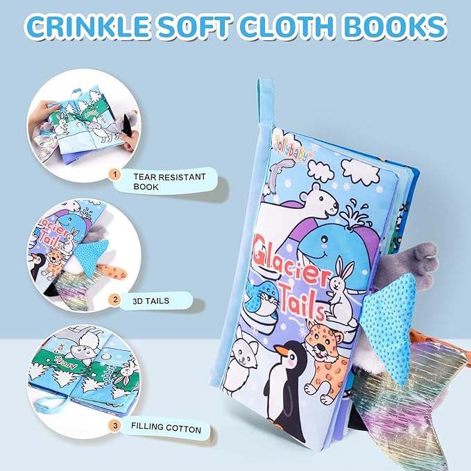 HECCEI Baby Cloth Books Soft Baby Book 0-6 Months Crinkle Books with Tail Touch and Feel Sensory Toys for Infant Tummy Time for 3 Months+, Glacier Tails