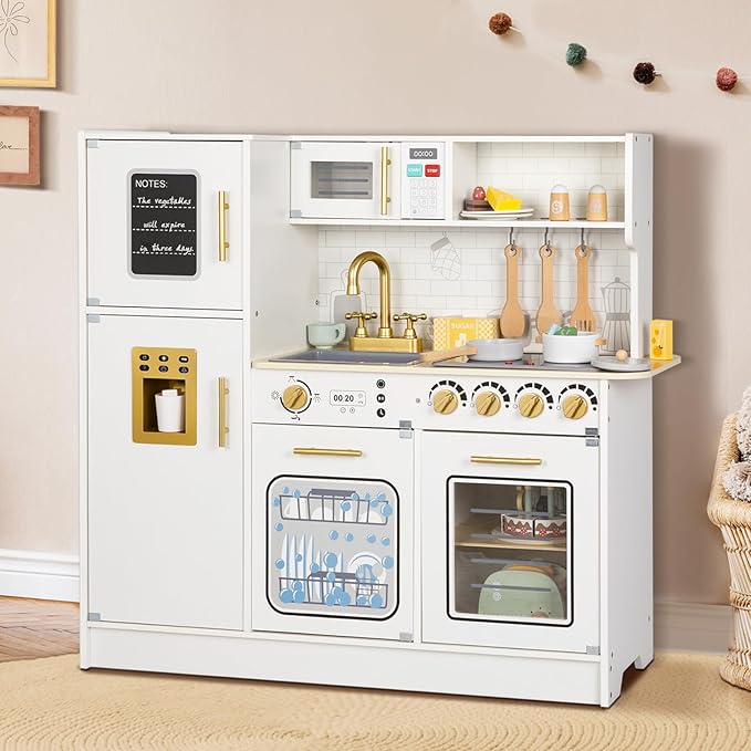 OOOK Wooden Kids Kitchen Playset, Simulated Kids Play Kitchen with Lights and Sounds, Nice Role Play Toy Kitchen with Plenty of Play Features for Kids Gift
