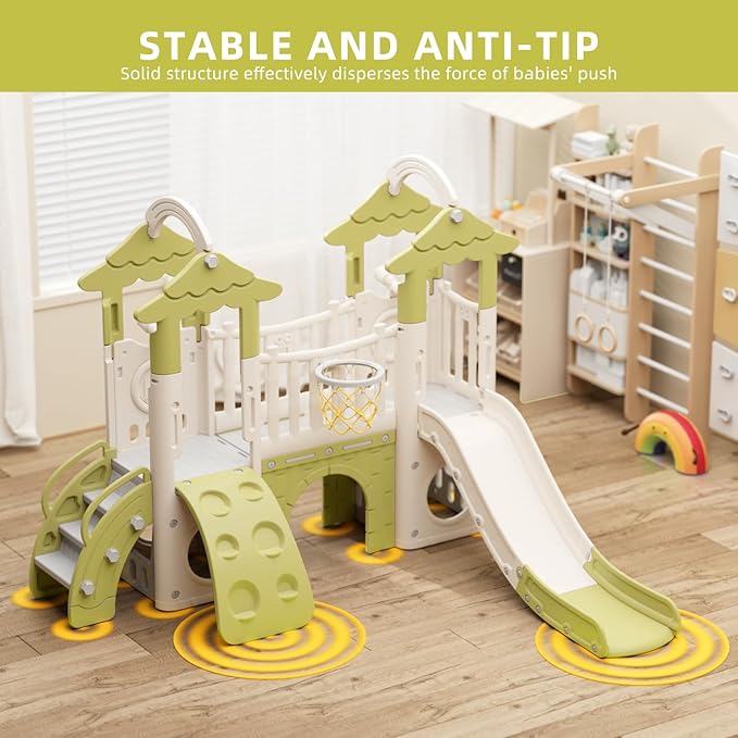 KORIMEFA 9-in-1 Toddler Slide, Kid Slide for Toddlers Age 1-3, Basketball Hoop, and Telescope, Indoor Outdoor Slide Toddler Playset Toddler Playground, Forest Themed Green