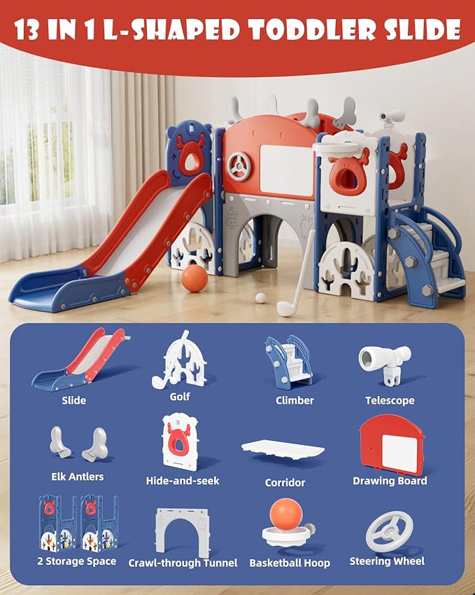 YUFU 13 in 1 Kids Slide for Toddlers, Toddler Slide Playset with Golf, Drawing Board, Climber, Basketball Hoop, Storage Space, Indoor Outdoor Toddler Playground for Kids Age 1-3 (Blue Red)