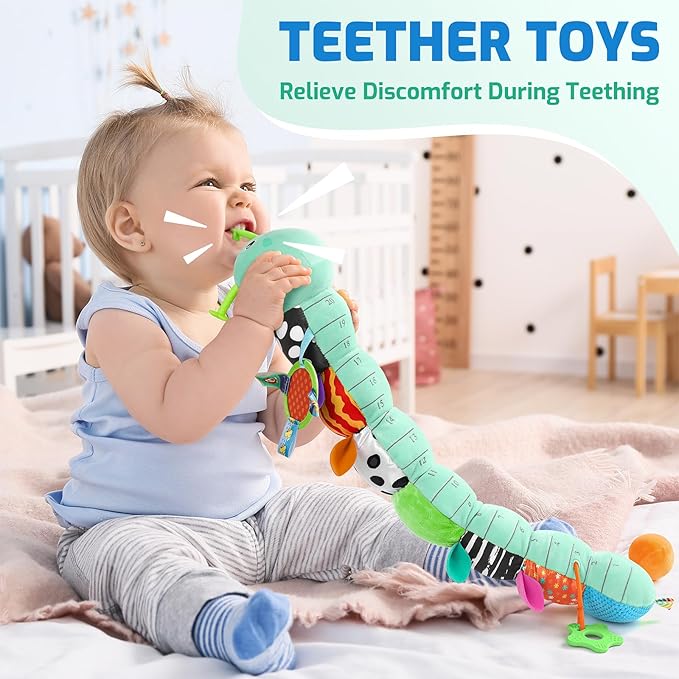 Sumobaby Baby Toys 0-6 6-12 Months, Music Caterpillar Plush Toy with Baby Mirror, Pull String&Crinkle Rattle,Infant Teething Toys,Tummy Time for 0-3-6-12 Month Boys Girls Newborn Gifts (Blue-Leaf)