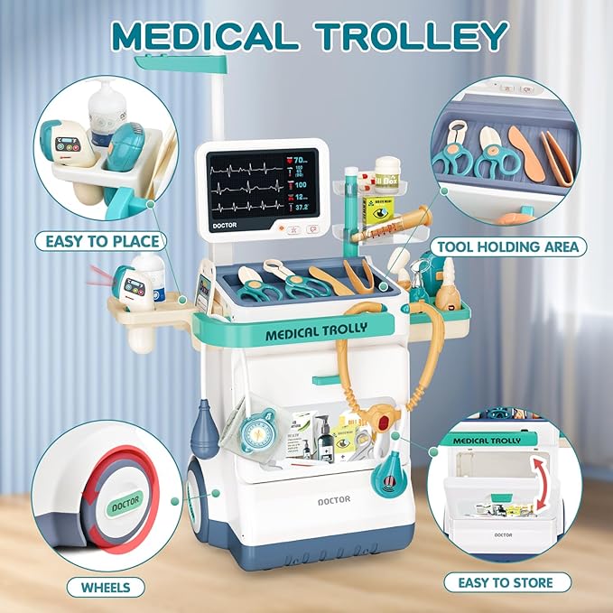 Doctor Kit for Kids 26 Accessories Pretend Medical Station Set for Boys & Girls Mobile Cart with Stethoscope and Medical Toy Accessories for Ages 3 and Up Children Role Play Educational Toys