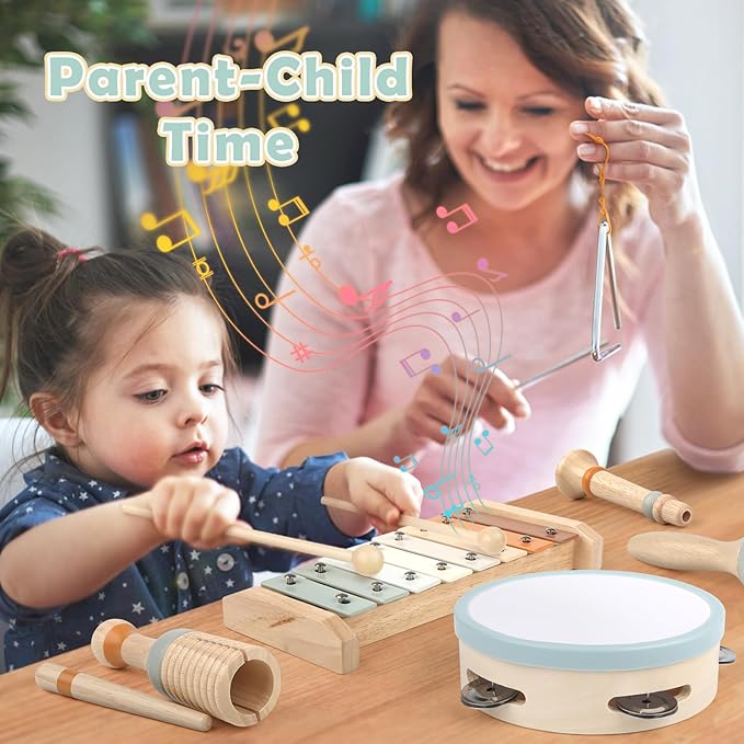 Musical Instruments - 6 in 1 Wooden Musical Toys for 2 3 Year Old Boy & Girls Birthday Gifts, Neutral Colors with Modern Boho Xylophone for Toddler Preschool Educational Toy for Baby 18+ Months