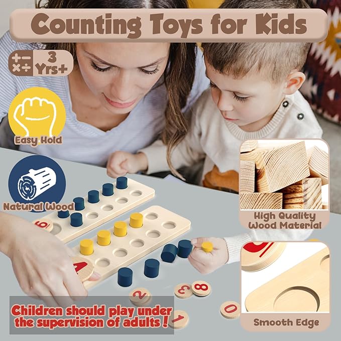 TEUVO Counting Peg Board Montessori Toys for Kids Aged 3 4 5 6 Years Old, Montessori Math Manipulatives Materials Wooden Preschool Learning Number and Counting Games for Home School Classroom Teaching