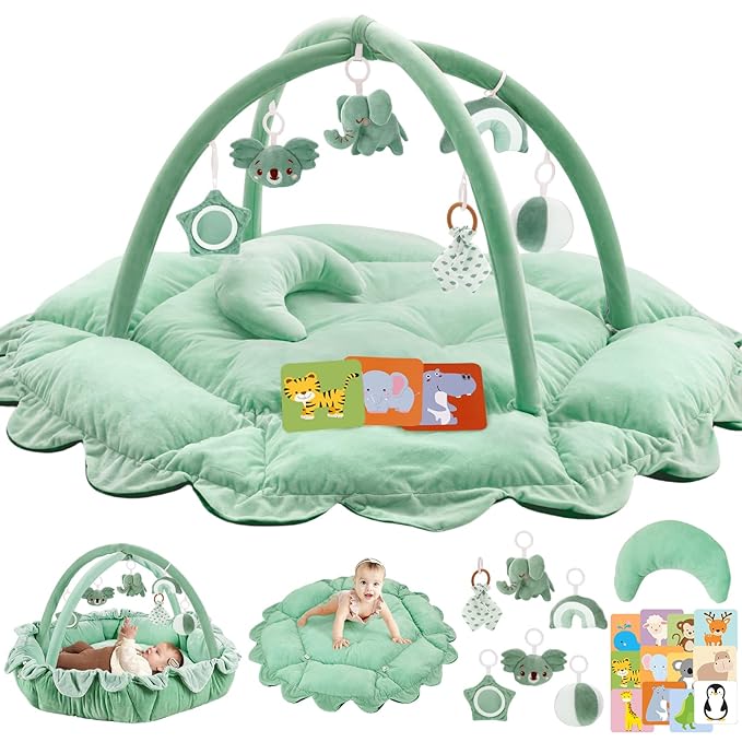 5-in-1 Plush Baby Play Gym, Tummy time mat, Play Mat, Baby Gym, Activity Mat with Convertible Gym and Pillow, 6 Sensory Toys, Play Center from Newborn to Toddler, Sage Green