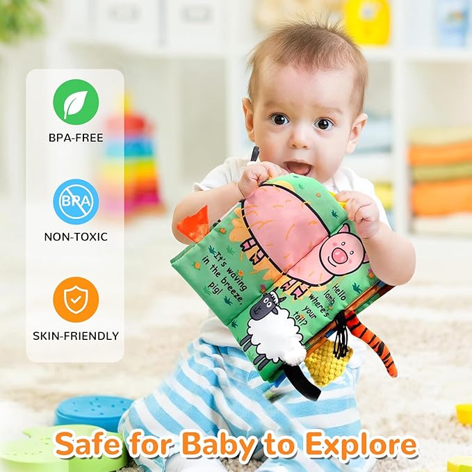 HECCEI Baby Cloth Books Soft Baby Book 0-6 Months Crinkle Books with Tail Touch and Feel Sensory Toys for Infant Tummy Time for 3 Months+, Farm Tails