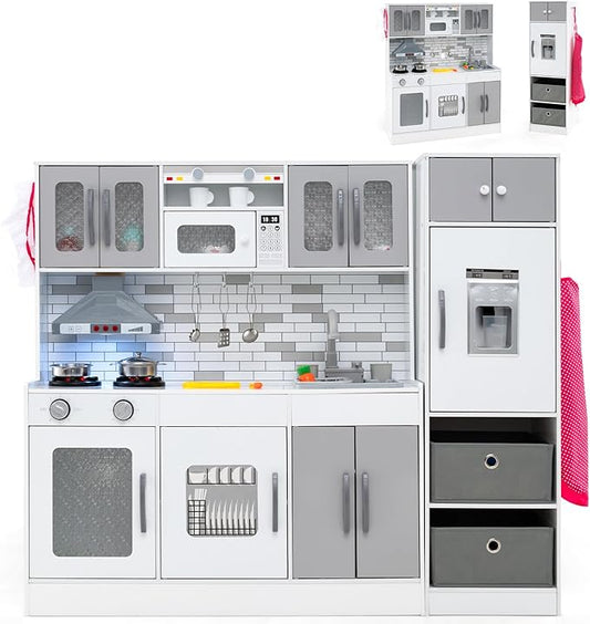 HONEY JOY Kids Kitchen Playset, 2-Piece Modular Toy Kitchen Set with Lights, Refrigerator & Ice Maker, Cookware, Storage Cabinet, Water Circulation, Large Wooden Play Kitchen for Toddlers (Gray)