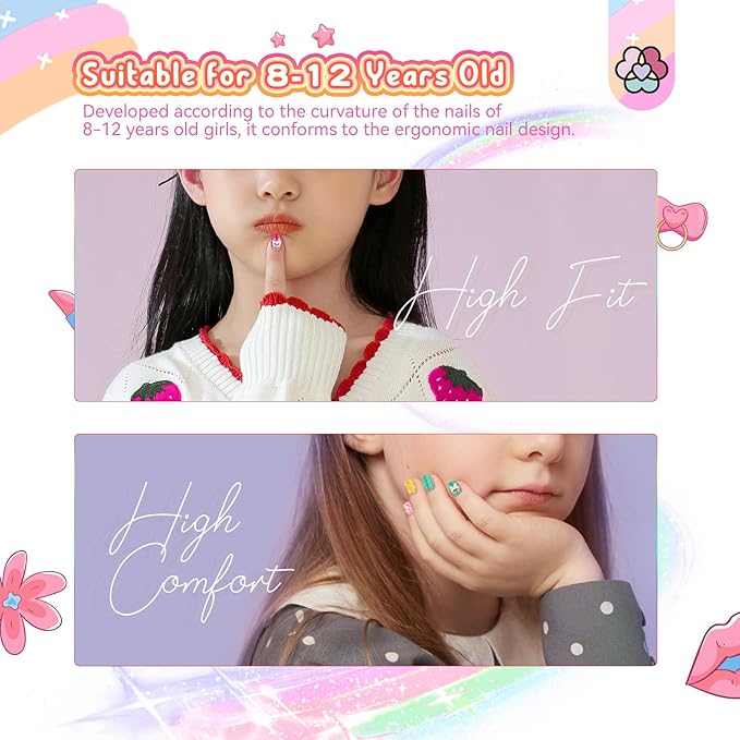 SAVILAND Press on Nails for Kids 7-day Styling: 168PCS Kids Press on Nails for Girls Colorful Patterns Full Cover Short Square Fake Nails False Nail Art Set Christmas Easter Gifts 8-12 Years Child