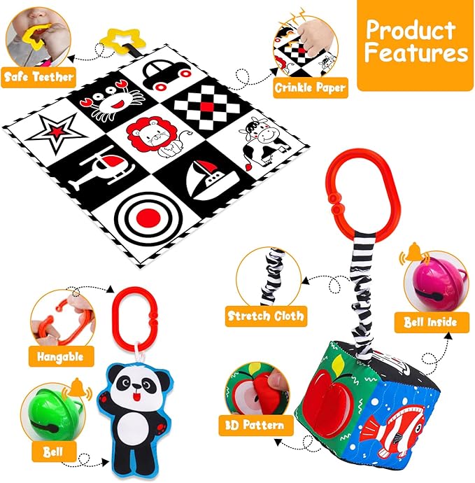 4 PCS Black and White High Contrast Baby Toys 0-3-6 Months Newborn Essential Toy for Babies Crinkle Sensory Book Brain Development Tummy Time Mirror Infant Carseat Rattle Christmas Stocking Stuffer