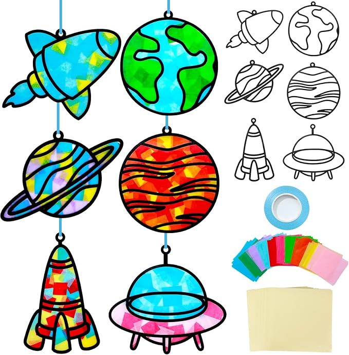 Qyeahkj 36 Set Outer Space Suncatchers Crafts for Kids DIY Solar System Window Tissue Paper Craft Kit Space Hanging Decor for Planet School Home Activity Art Project Birthday Party Favor Gift