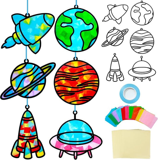Qyeahkj 36 Set Outer Space Suncatchers Crafts for Kids DIY Solar System Window Tissue Paper Craft Kit Space Hanging Decor for Planet School Home Activity Art Project Birthday Party Favor Gift