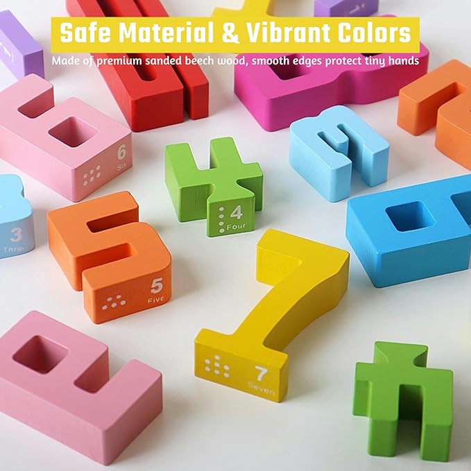 10PCS Wooden Number Building Blocks Montessori 1-10 - Wooden Stacking Numbers Math Toys, Friends of Ten Number Blocks, Basic Number Counting Blocks with Play Guide, Number Toys for Toddlers 1-3