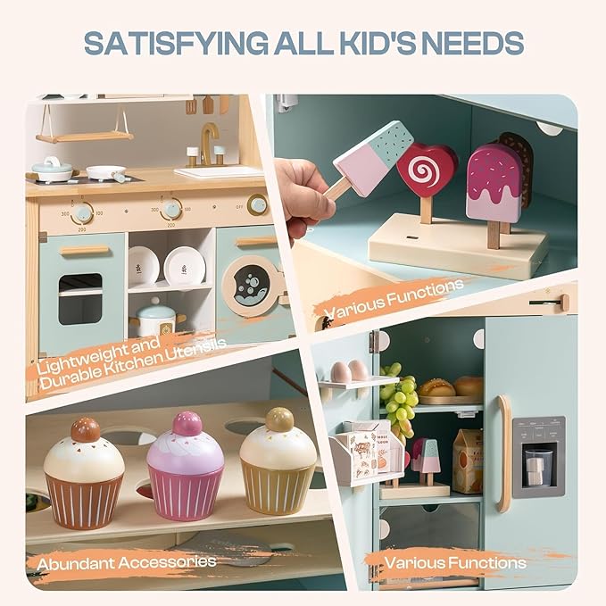 ROBOTIME Wooden Play Kitchen, Toddler Kitchen Playset with Oven, Fridge & Washing Machine, Kids Kitchen Playset Gift for 3+ Year Old Boys & Girls