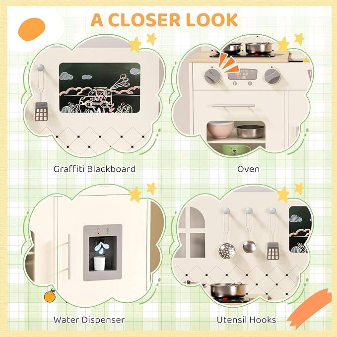 MAMIZO Play Kitchen for Kids, Pretend Playset with Blackboard & Realistic Lights & Sounds, Ultimate Interactive Wooden Kitchen with Knob Sounds, Sink, Water Dispenser, 6 Pcs Cookware for Ages 3+,Cream