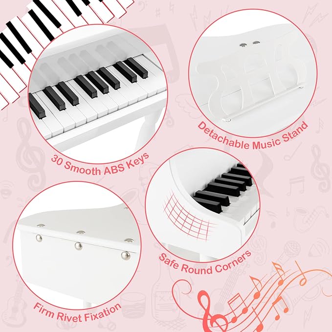 30-Key Kids Piano Keyboard, Mini Grand Piano for 3 Years+, Toddler Musical Instrument with Stool & Removable Music Stand, Wooden Baby Music Toys Gifts for Beginners, Girls & Boys
