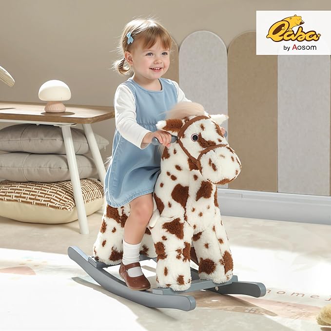 Qaba Rocking Horse, Kids Plush Animal Rocker with Realistic Neighing Sound for Toddlers 2–5 Years Old, Soft Filling Ride on Horse with Rabbit Toy, Brown