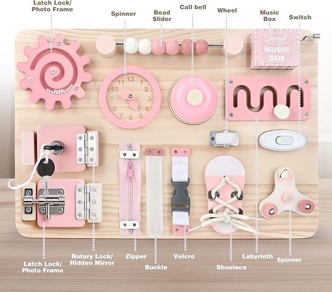 Joyreal Montessori Large Busy Board with Stand, Montessori Sensory Toys for Fine Motor Skills, Wooden Fidget Activity Board for Toddlers, Gifts for Baby Girls (Large Pink)