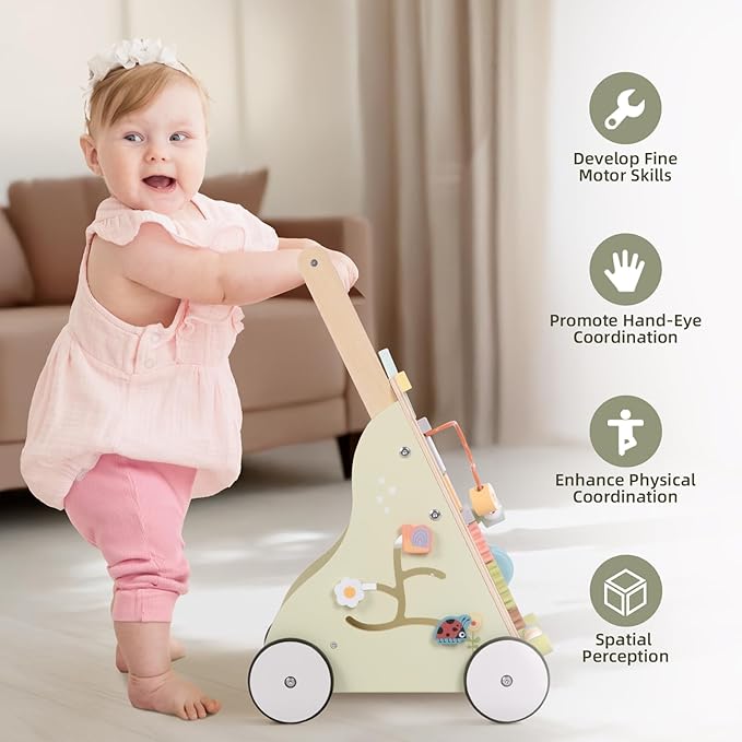 OOOK Wooden Baby Walker with Wheels, Montessori Baby Push Walker, Sit to Stand Walker for Baby Boy 6-12 Months, Toddler Standing Activity Center for Boys and Girls
