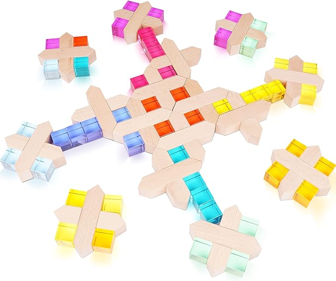 Agirlgle Wooden Rainbow Building Blocks Cube Gem Stacking Blocks Toy - Colorful Montessori Rainbow Stacker Toy Elegant Wood Rainbow Cube Blocks- Acrylic Blocks Educational Toys for Toddlers- 80Pcs