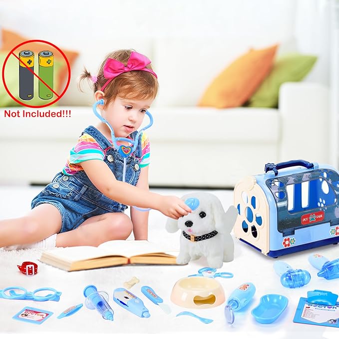 Dog Toys Doctor Kit for Kids, Walking Barking Electronic Interactive stuffed Puppy Toy with Pretend Playset for Toddlers, Pet Care Veterinarian Toy Set, Ages 3-6 Year Old for Girls Role Play Gift Blue