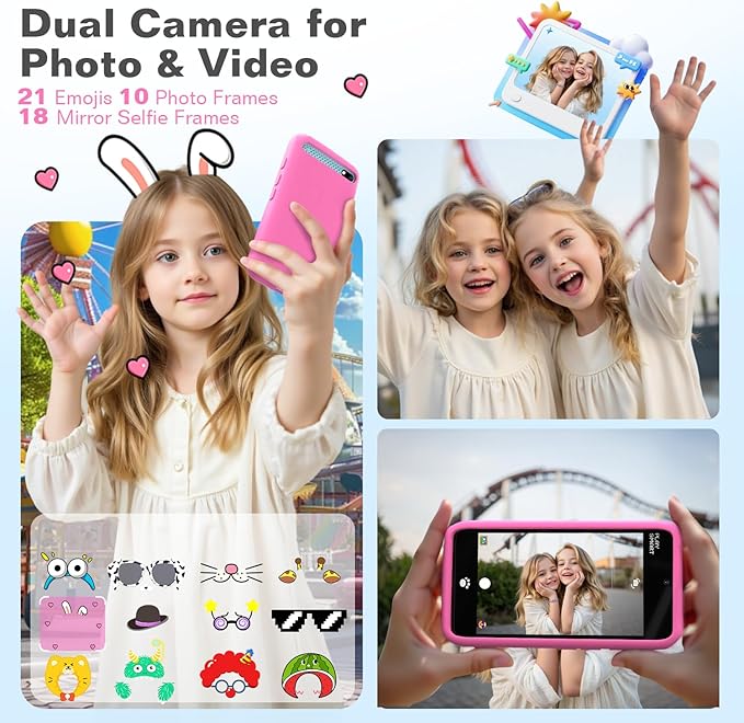 MOMILLA Toys Kids Smart Phone for Girls, 3.97” Cell Phone with Dual Cameras, Stickers & Frames, 200+ Games, 16GB Storage, Educational Mini Toddler Play Toy, Christmas Birthday Gift for Kids Age 3-10
