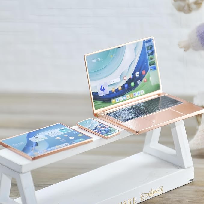 Dollhouse Decoration Miniature Accessories Dollhouse Worlds Smallest Computer Laptop Tablet Phone Simulation Accessories for Doll 1:6 1:12 Miniatures Play Set (Rose Golden)