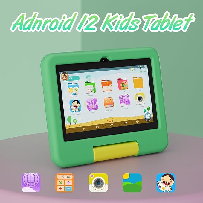 Kids Tablet, 7 inch Android Tablet for Kids, 4GB RAM 32GB ROM 1TB Expand, Toddler Tablets with Parental Control, IPS Screen, Dual Camera, Educational, Games, Shockproof Case for Boys/Girls (Green)
