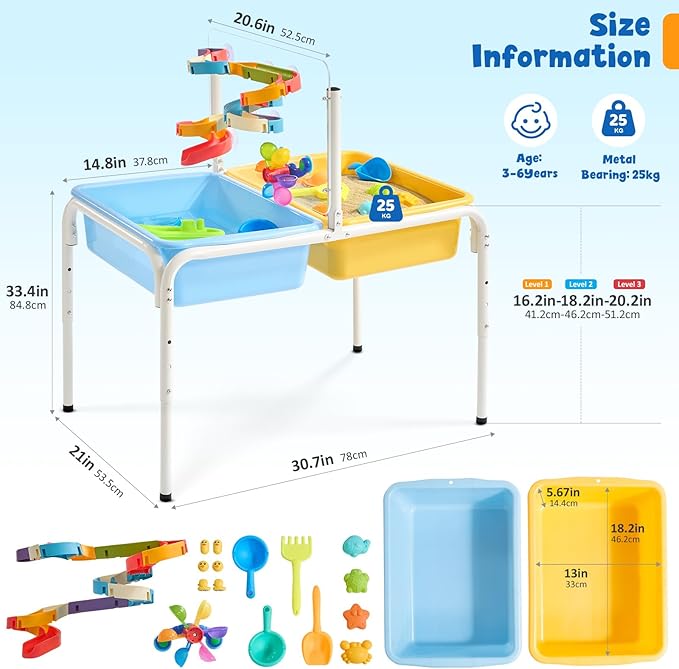 FUNLIO Toddler Sensory Table, Height Adjustable Sand and Water Table for Kids 3-6 Years, 4 in 1 Toddler Water Table with 2 Storage Bins, Acrylic Board & 16 Accessory Pieces, Indoor and Outdoor Play