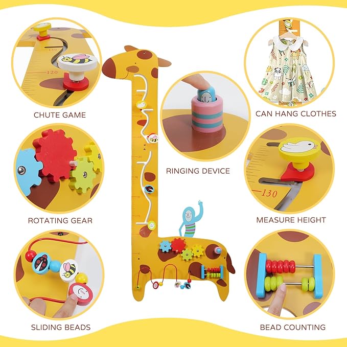 Activity Wall Panels for Toddlers,7 Activities Multifunctional Busy Board Wooden Wall Activity Center,Giraffe Height Ruler - Children’s Early Education Sensory Exercises-Kids Room Decor for Play