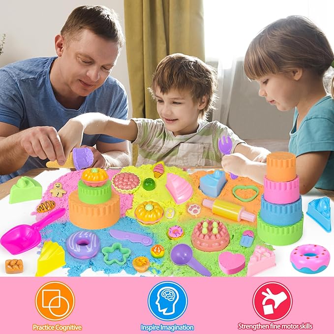 Ice Cream Sensory Bin for Girls Kids,Play Sand Art Kit with 2.2lb Color Magic Sands,56 pcs Cake Molds Tools Sandbox Toy-Fun Pretend Play Desserts Toys Sensory Toys for Girls Toddler 3 4 5 6 7 8