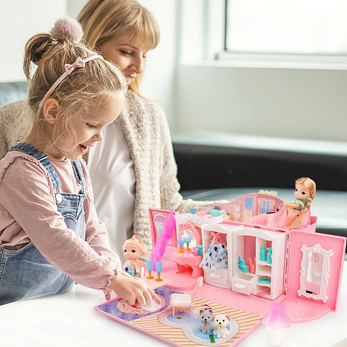 deAO Dollhouse Portable Backpack for Girls Pretend Playhouse with Furniture & Figures 2 in 1 Playhouse Set Birthday Toys for Age 3-6 Year Old Kindergarten Toddlers Preschoolers