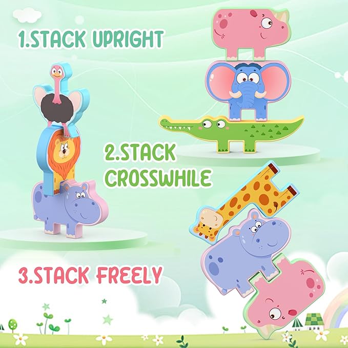 Montessori Toys for Toddlers, 10 Pack Wooden Animal Stacking Blocks, Sorting & Stacking Preschool Learning Activities, Gift for Boys, Girls