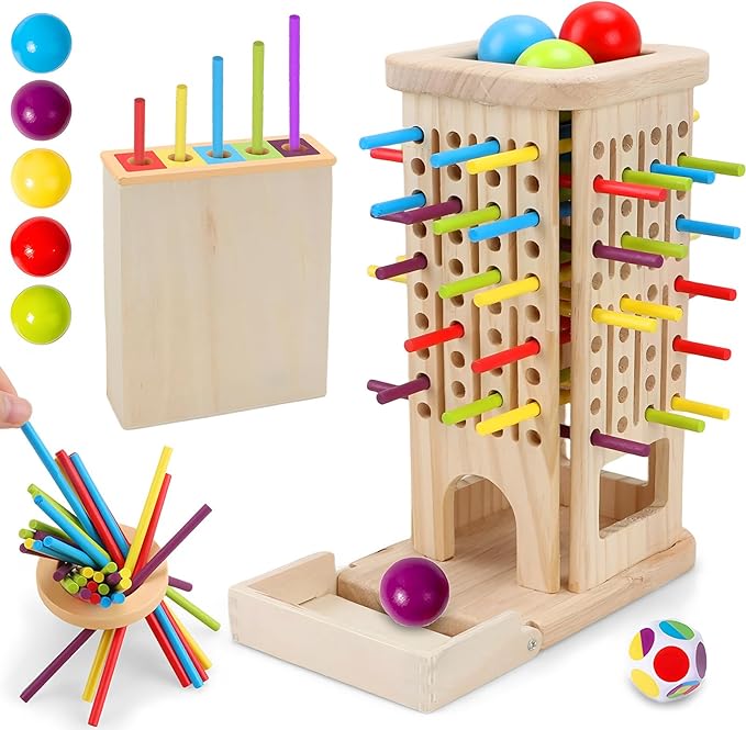 Montessori Wooden Board Games for Kids 3-8 Years: 40 Colorful Wooden Sticks 12-Sided Dice Game Math Educational Toys, Fine Motor Skills Toys for 5 Year Old, Family Games for Kids and Adults