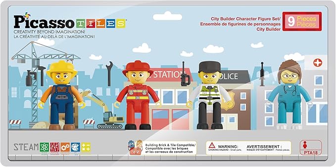 PicassoTiles Magnetic Tiles Action Figures 4 Piece City Characters for Magnet Tile Building Blocks Accessory Add On Pack Construction Block Set Toddler Toy Educational Learning Kit Age 3 and up PTA18