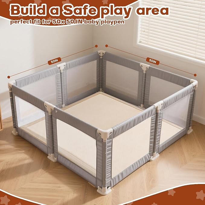 Baby Play Mat for Floor, 50'' x 50'' Thicken Foam Soft Padded Mat for Tummy Time, Playpen Playmat for Toddlers Infant kids, Water-Repellent Coral Velvet, Non-slip Bottom Safe for Crawling (Brown)