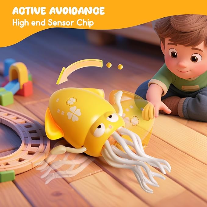 Dancing Octopus Baby Toy - Tummy Time Gift for Babies, Magic Music Dance Light, Infrared Automatic Obstacle Avoidance, Sensor Development Infant Toys Present for Toddler 3-8 Years Old Boy&Girl, Yellow