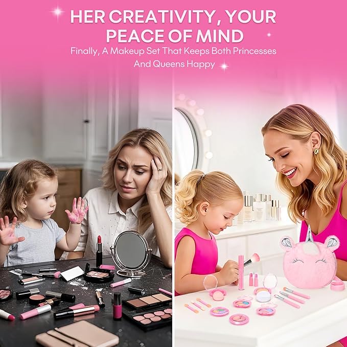 Kids Real Makeup Kit for Girls 3-10 Years Old : Washable Non Toxic Make Up Toys Sets for Toddler - 17Pcs Vanity Set with Unicorn Purse for Little Girl Ages 3 4 5 6 7 8 Birthday Gifts -Pink