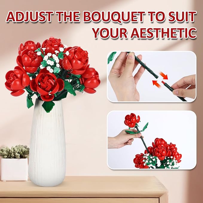 Flower Bouquet Building Kit,1000 Pcs Artificial Flower Bouquet Kit for Adults,Botanical Collection for Home Decor,Ideal Gift for Women,Christmas,Anniversaries (Rose)