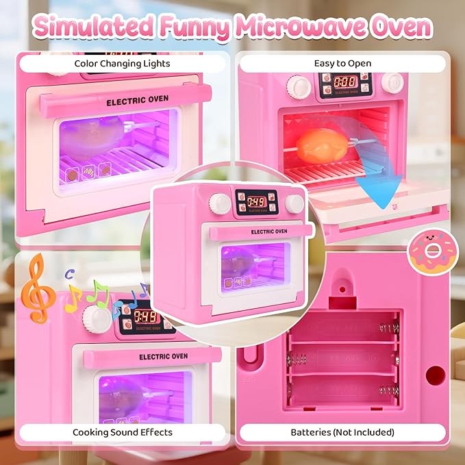 Play Kitchen for Toddlers Toy Oven, Pink Easy Bake Oven for Girls, Kids Kitchen Playset with Color-Changing Foods, Kids Microwave Toys Pretend Toddler Cooking Gifts for Girls Boys