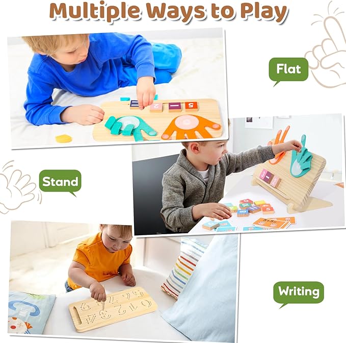 Montessori Math Learning Toys for Toddlers 3-5, Double-Sided Finger Counting & Number Tracing Board, Preschool Educational Wood Number Blocks Toys for Kids 2-4, Math Manipulates, Girl Boy Gift 5-7