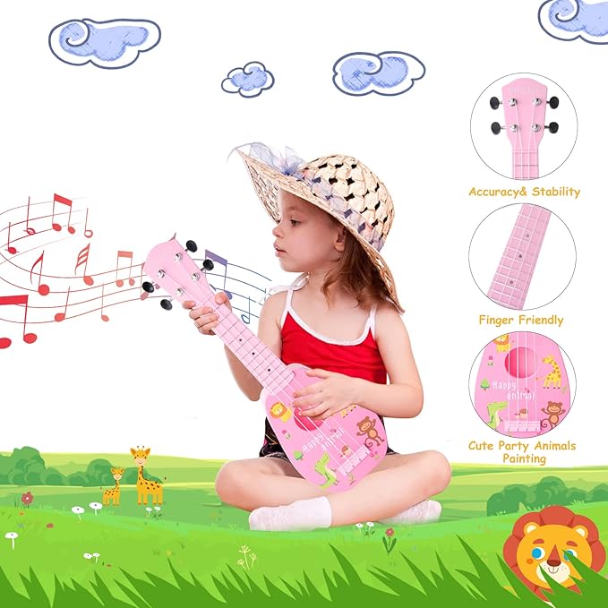 YOLOPARK 17" Kids Toy Guitar for Girls Boys, Mini Toddler Ukulele Guitar with 4 Strings Keep Tones Can Play for 3, 4, 5, 6, 7 Year Old Kids Musical Instruments Educational Toys for Beginner (Pink)
